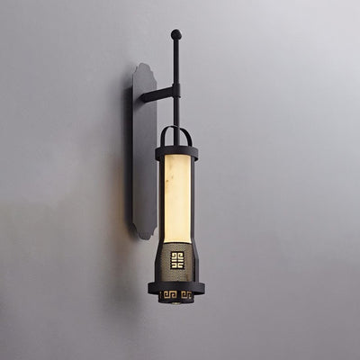 Traditional Chinese Cylinder Metal Natural Marble LED Wall Sconce Lamp For Living Room