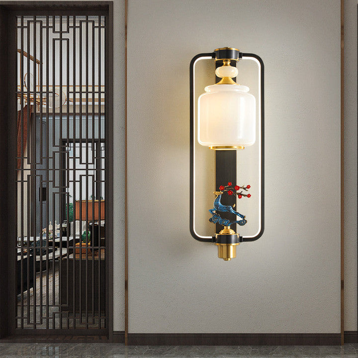 Traditional Chinese Elk Cylinder Copper Jade Glass LED Wall Sconce Lamp For Living Room