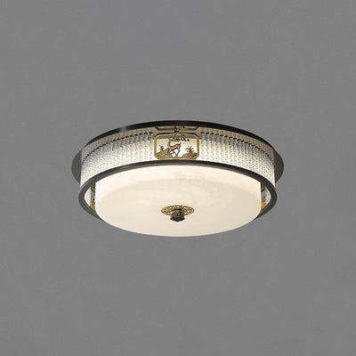 Traditional Chinese Round Copper Stainless Steel Glass LED Flush Mount Ceiling Light For Bedroom