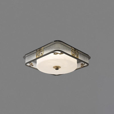 Traditional Chinese Round Copper Stainless Steel Glass LED Flush Mount Ceiling Light For Bedroom