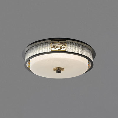 Traditional Chinese Round Copper Stainless Steel Glass LED Flush Mount Ceiling Light For Bedroom