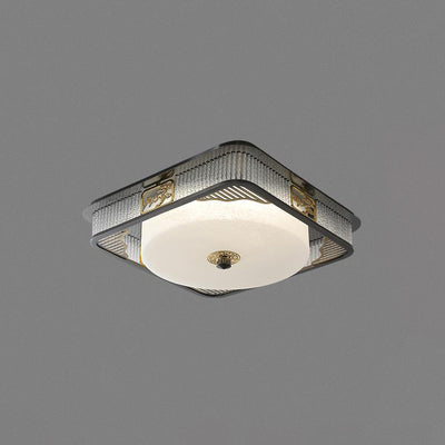 Traditional Chinese Round Copper Stainless Steel Glass LED Flush Mount Ceiling Light For Bedroom