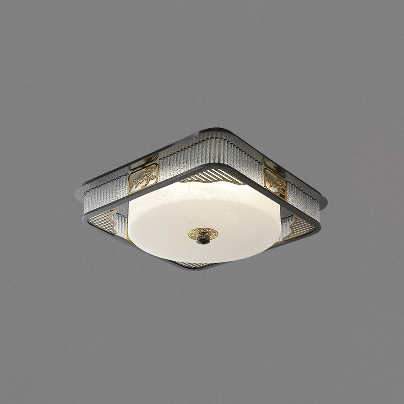 Traditional Chinese Round Copper Stainless Steel Glass LED Flush Mount Ceiling Light For Bedroom