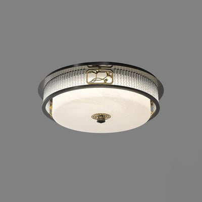 Traditional Chinese Round Copper Stainless Steel Glass LED Flush Mount Ceiling Light For Bedroom