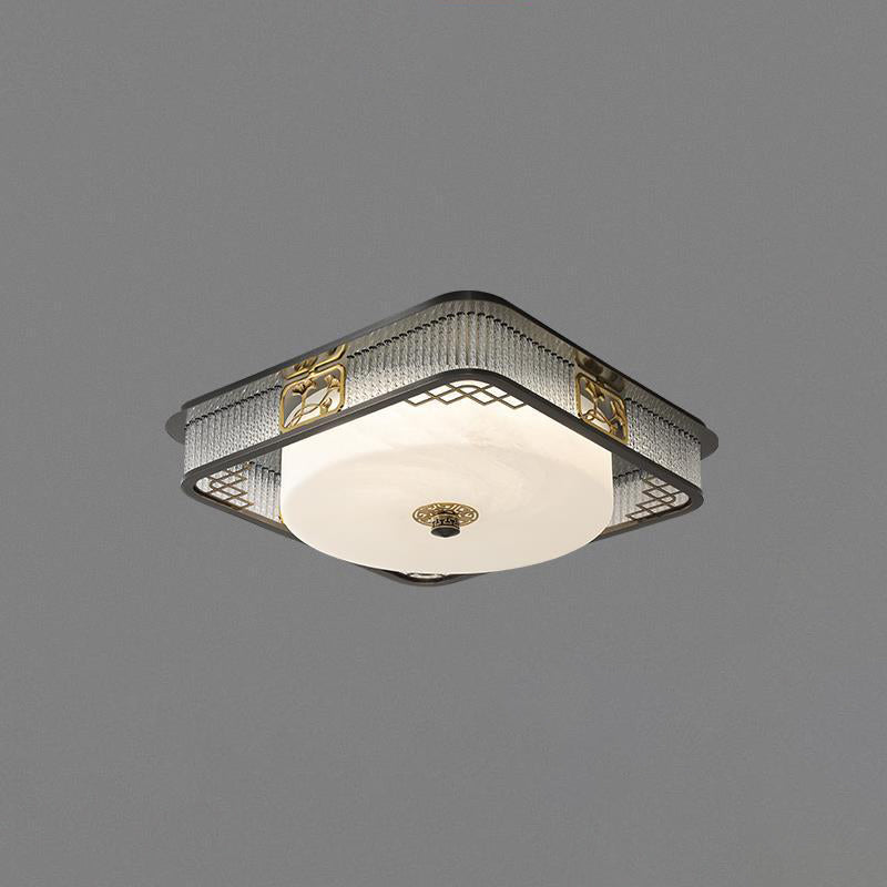 Traditional Chinese Round Copper Stainless Steel Glass LED Flush Mount Ceiling Light For Bedroom