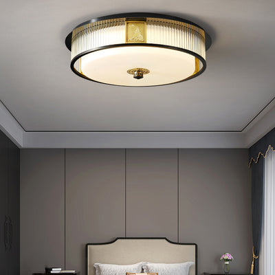 Traditional Chinese Round Copper Stainless Steel Glass LED Flush Mount Ceiling Light For Bedroom