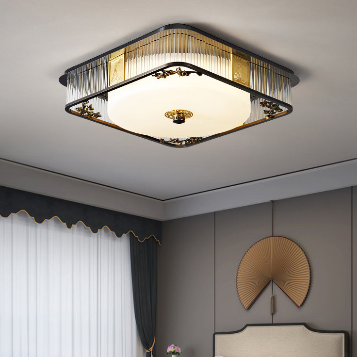 Traditional Chinese Round Copper Stainless Steel Glass LED Flush Mount Ceiling Light For Bedroom