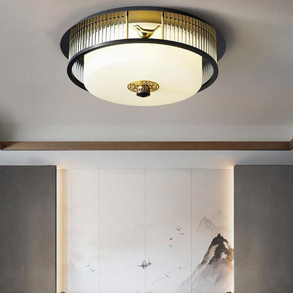 Traditional Chinese Round Copper Stainless Steel Glass LED Flush Mount Ceiling Light For Bedroom