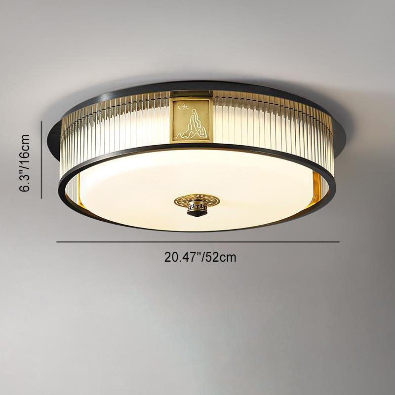 Traditional Chinese Round Copper Stainless Steel Glass LED Flush Mount Ceiling Light For Bedroom