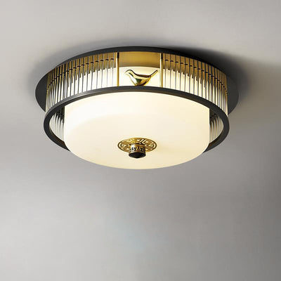 Traditional Chinese Round Copper Stainless Steel Glass LED Flush Mount Ceiling Light For Bedroom