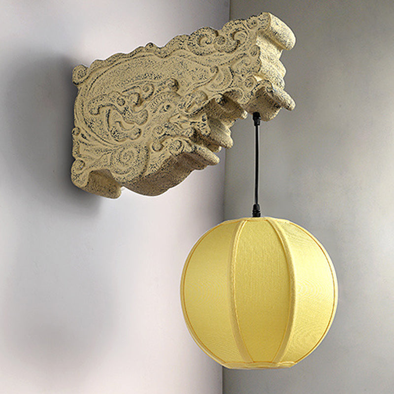 Traditional Chinese Sphere Resin Limestone Cloth 1-Light Wall Sconce Lamp For Outdoor Patio