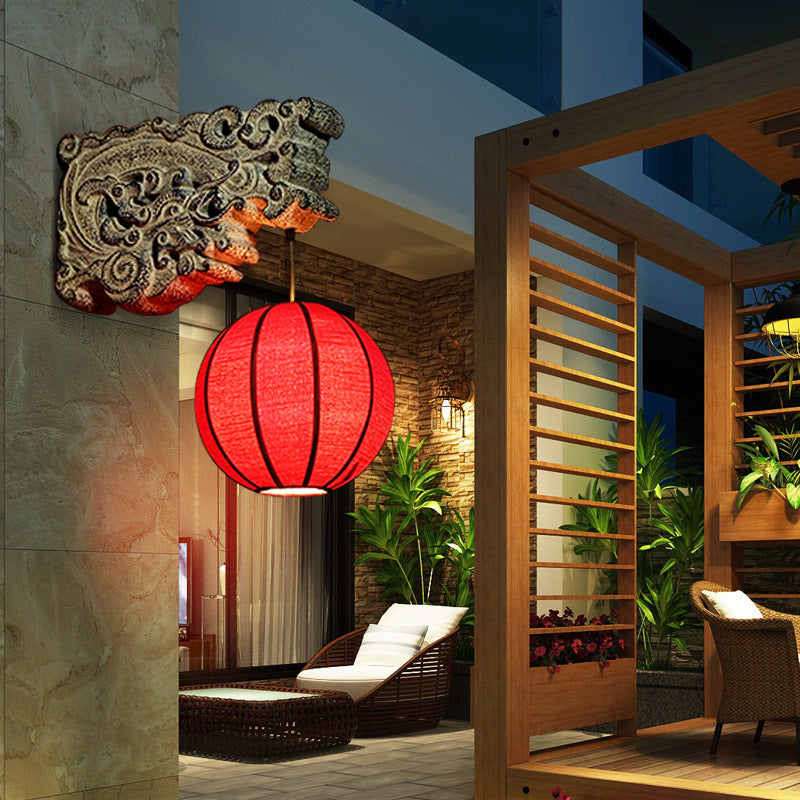 Traditional Chinese Sphere Resin Limestone Cloth 1-Light Wall Sconce Lamp For Outdoor Patio