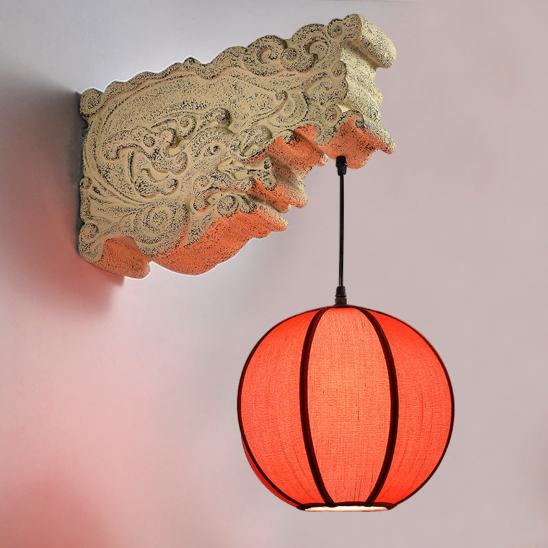 Traditional Chinese Sphere Resin Limestone Cloth 1-Light Wall Sconce Lamp For Outdoor Patio