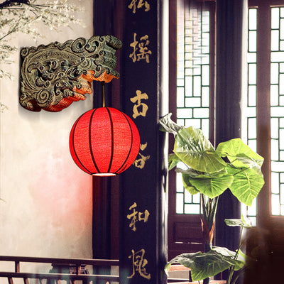 Traditional Chinese Sphere Resin Limestone Cloth 1-Light Wall Sconce Lamp For Outdoor Patio