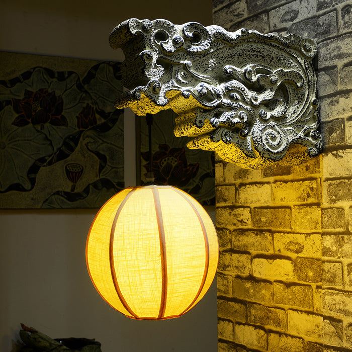 Traditional Chinese Sphere Resin Limestone Cloth 1-Light Wall Sconce Lamp For Outdoor Patio