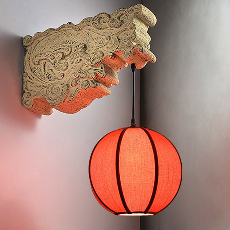 Traditional Chinese Sphere Resin Limestone Cloth 1-Light Wall Sconce Lamp For Outdoor Patio