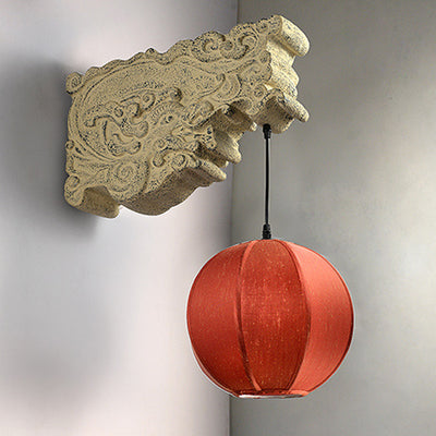 Traditional Chinese Sphere Resin Limestone Cloth 1-Light Wall Sconce Lamp For Outdoor Patio