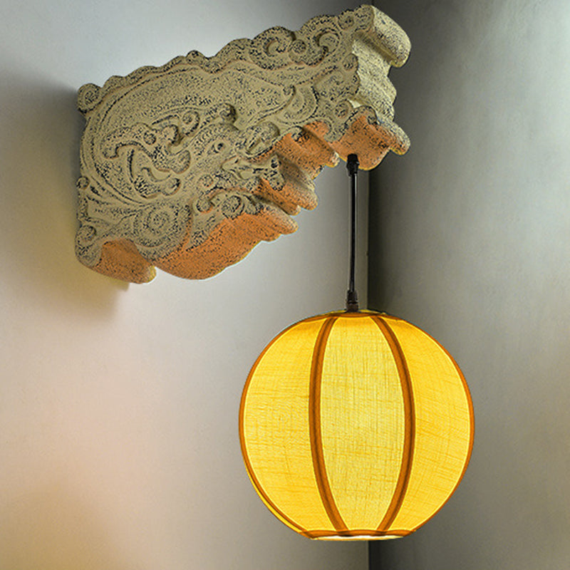 Traditional Chinese Sphere Resin Limestone Cloth 1-Light Wall Sconce Lamp For Outdoor Patio