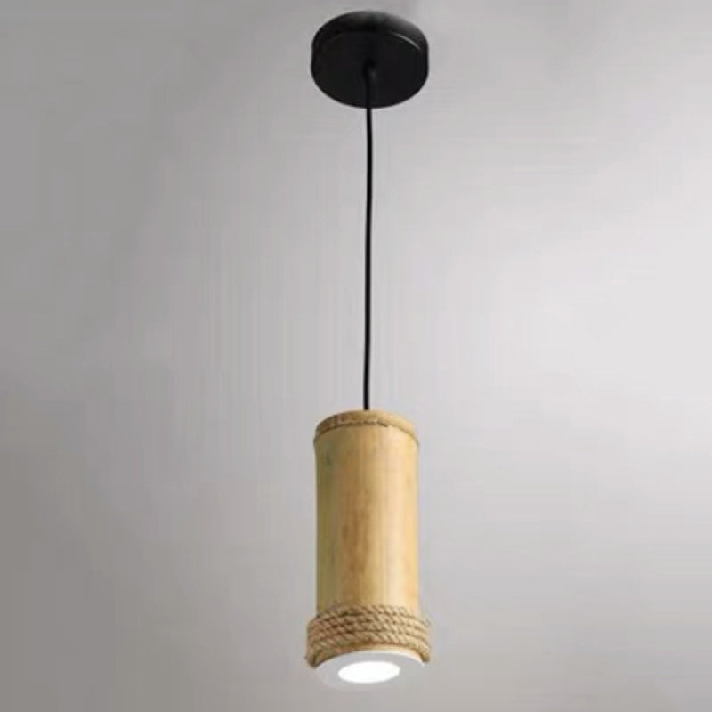 Traditional Rustic Cylinder Bamboo Twine LED Pendant Light For Living Room