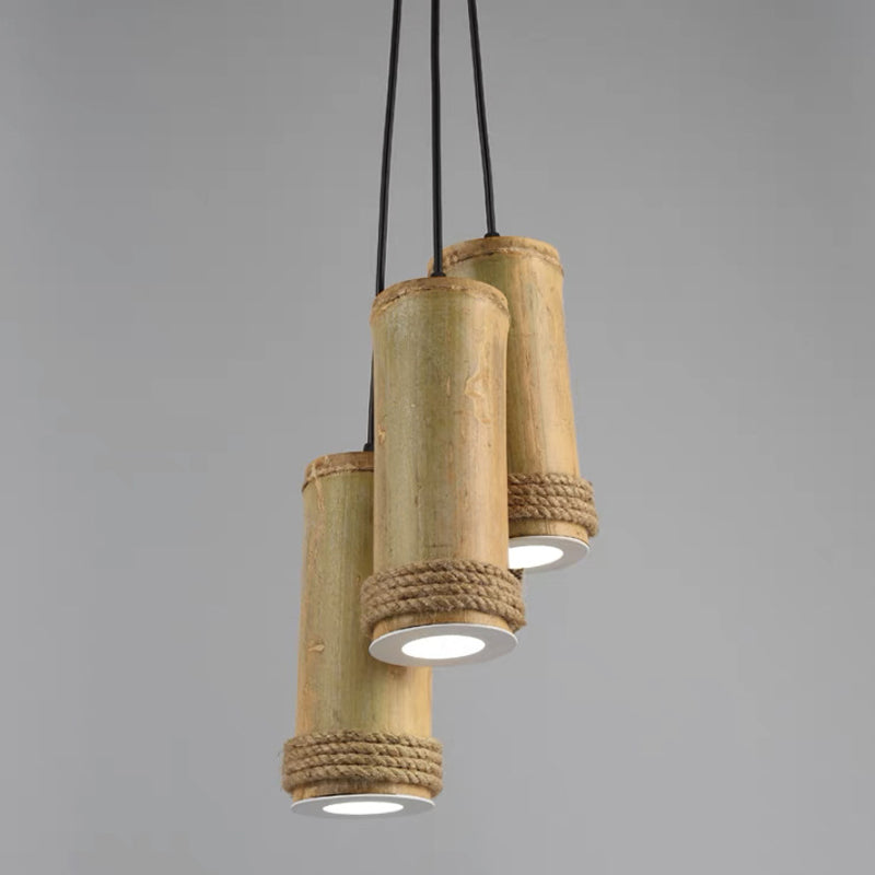 Traditional Rustic Cylinder Bamboo Twine LED Pendant Light For Living Room