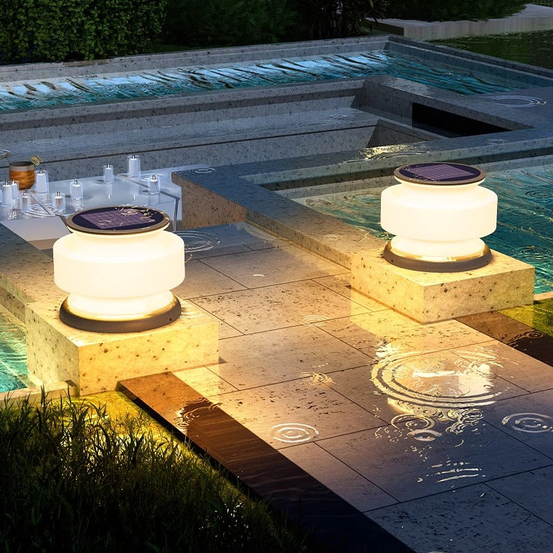 Modernes, unbedeutendes, wasserdichtes Solar-Zylinder-LED-Außenlicht aus Edelstahl-Kunststoff für die Terrasse 