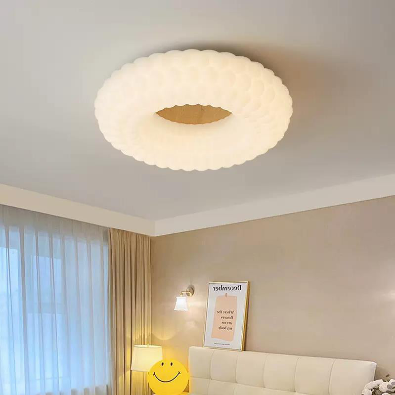 Contemporary Scandinavian Round Plastic Ash Wood Piece LED Flush-Mount Ceiling Light For Bedroom