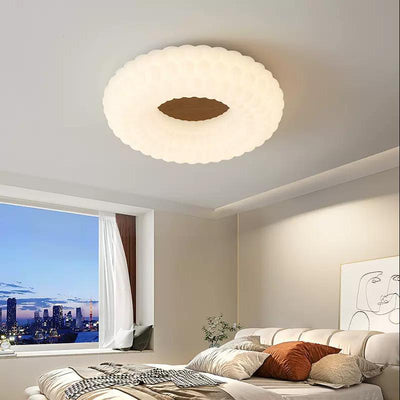 Contemporary Scandinavian Round Plastic Ash Wood Piece LED Flush-Mount Ceiling Light For Bedroom