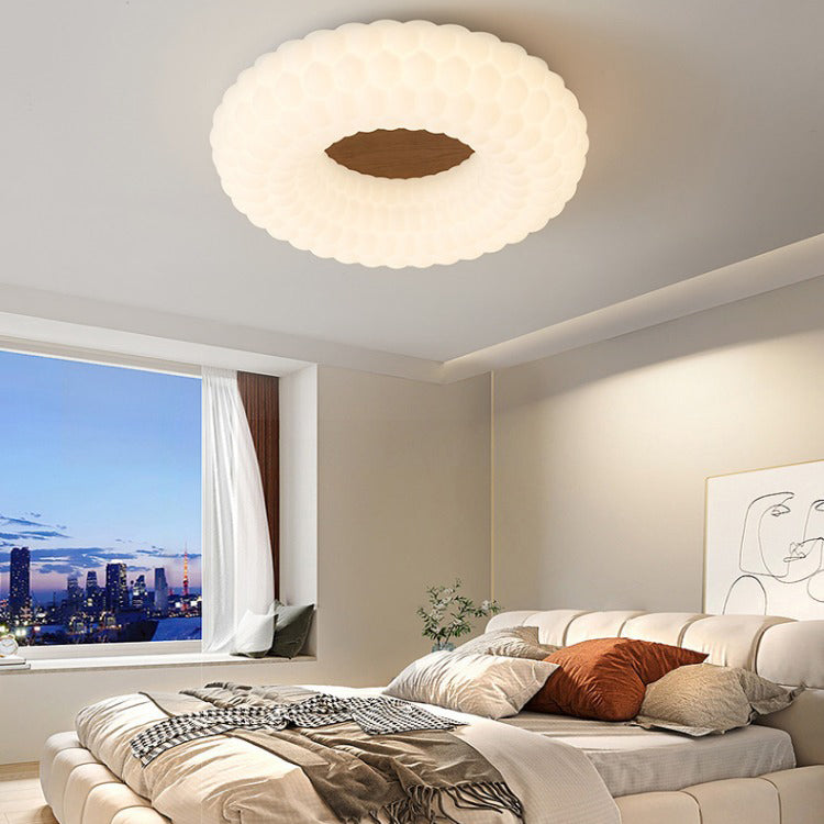 Contemporary Scandinavian Round Plastic Ash Wood Piece LED Flush-Mount Ceiling Light For Bedroom