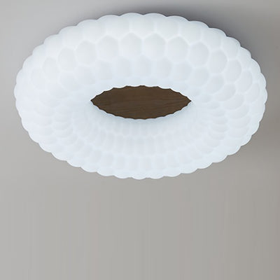 Contemporary Scandinavian Round Plastic Ash Wood Piece LED Flush-Mount Ceiling Light For Bedroom