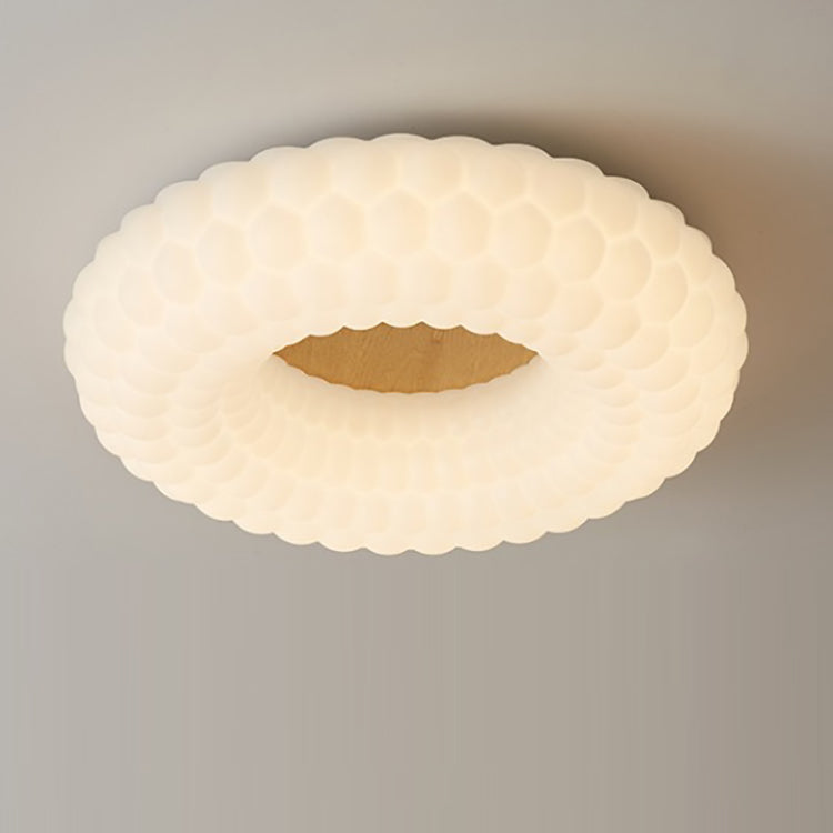 Contemporary Scandinavian Round Plastic Ash Wood Piece LED Flush-Mount Ceiling Light For Bedroom