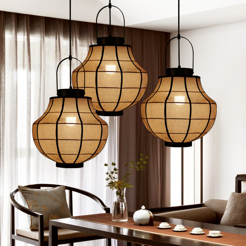 Traditional Japanese Round Sphere Carbon Steel Linen 1-Light Pendant Light For Living Room