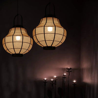 Traditional Japanese Round Sphere Carbon Steel Linen 1-Light Pendant Light For Living Room