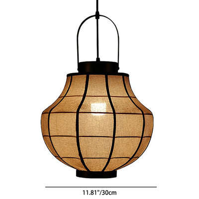 Traditional Japanese Round Sphere Carbon Steel Linen 1-Light Pendant Light For Living Room