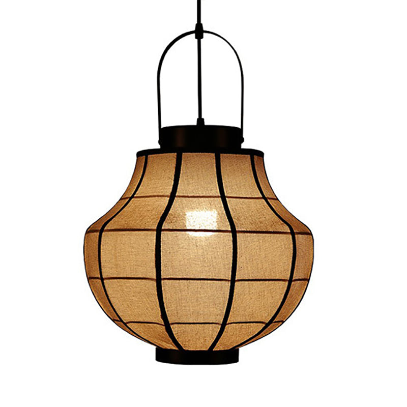 Traditional Japanese Round Sphere Carbon Steel Linen 1-Light Pendant Light For Living Room