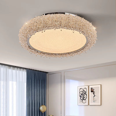 Modern Luxury Round Stainless Steel Crystal Acrylic LED Flush-Mount Ceiling Light For Living Room