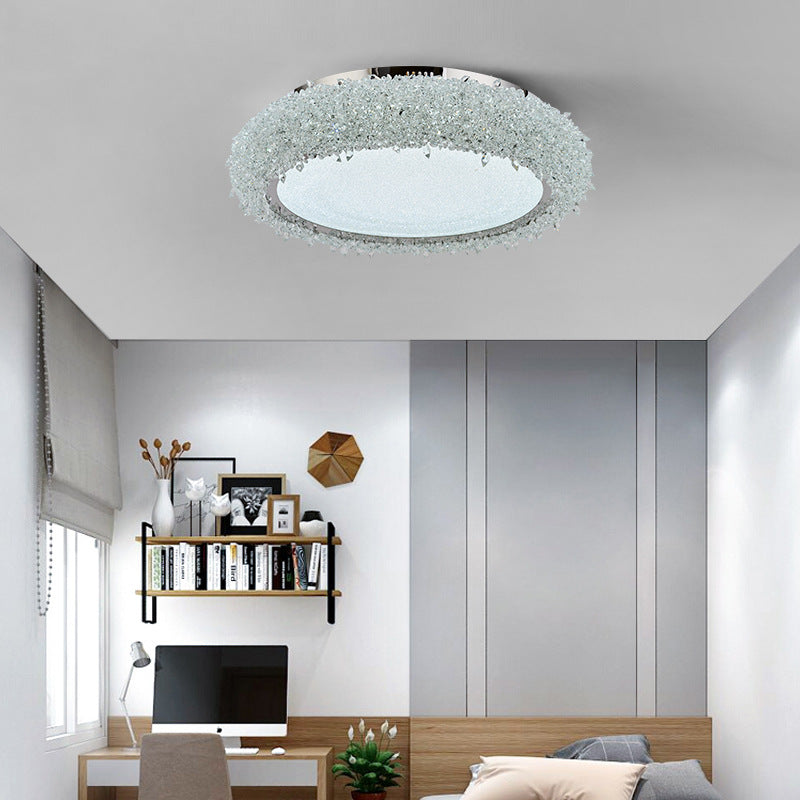 Modern Luxury Round Stainless Steel Crystal Acrylic LED Flush-Mount Ceiling Light For Living Room