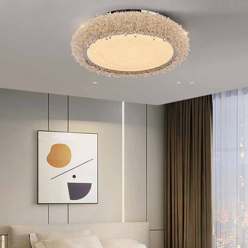 Modern Luxury Round Stainless Steel Crystal Acrylic LED Flush-Mount Ceiling Light For Living Room