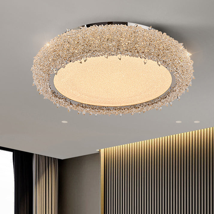 Modern Luxury Round Stainless Steel Crystal Acrylic LED Flush-Mount Ceiling Light For Living Room