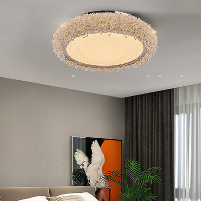 Modern Luxury Round Stainless Steel Crystal Acrylic LED Flush-Mount Ceiling Light For Living Room