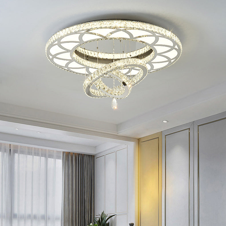 Modern Luxury Flower Pattern Round Stainless Steel Crystal LED Flush Mount Ceiling Light For Living Room