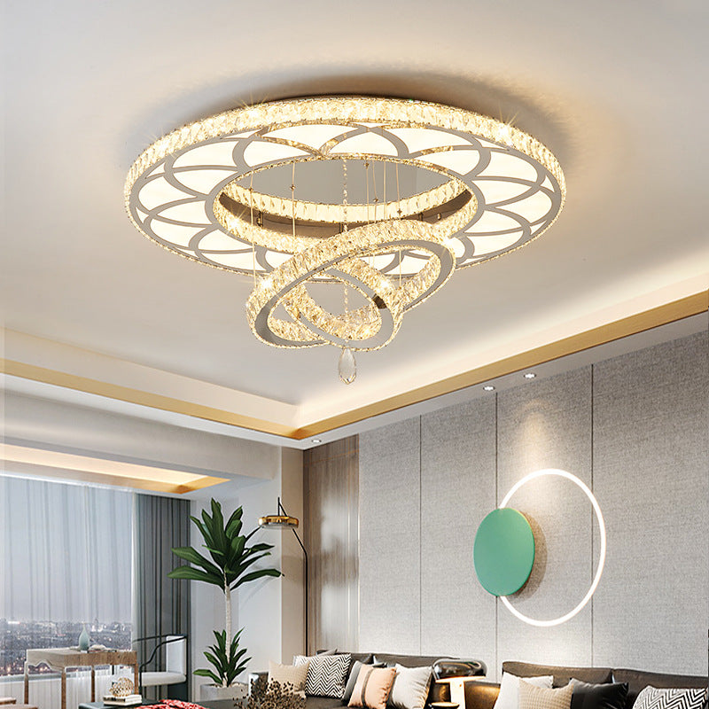 Modern Luxury Flower Pattern Round Stainless Steel Crystal LED Flush Mount Ceiling Light For Living Room