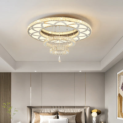 Modern Luxury Flower Pattern Round Stainless Steel Crystal LED Flush Mount Ceiling Light For Living Room