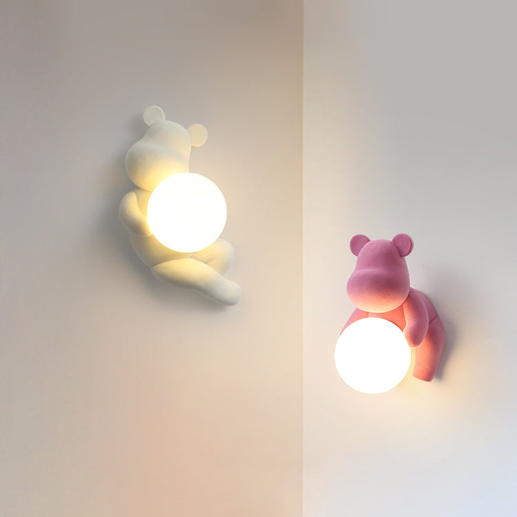 Contemporary Creative Bear Sphere Resin Glass 1-Light Wall Sconce Lamp For Bedroom