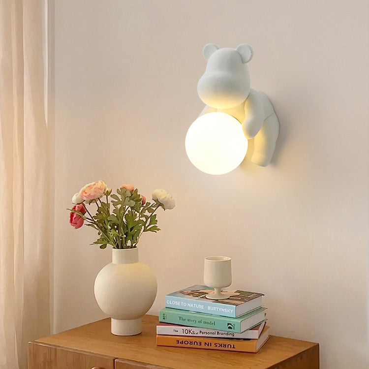 Contemporary Creative Bear Sphere Resin Glass 1-Light Wall Sconce Lamp For Bedroom