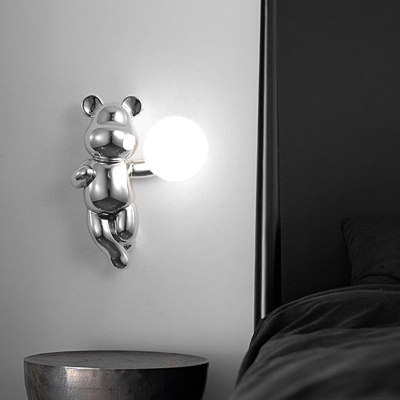 Contemporary Creative Bear Sphere Resin Glass 1-Light Wall Sconce Lamp For Bedroom