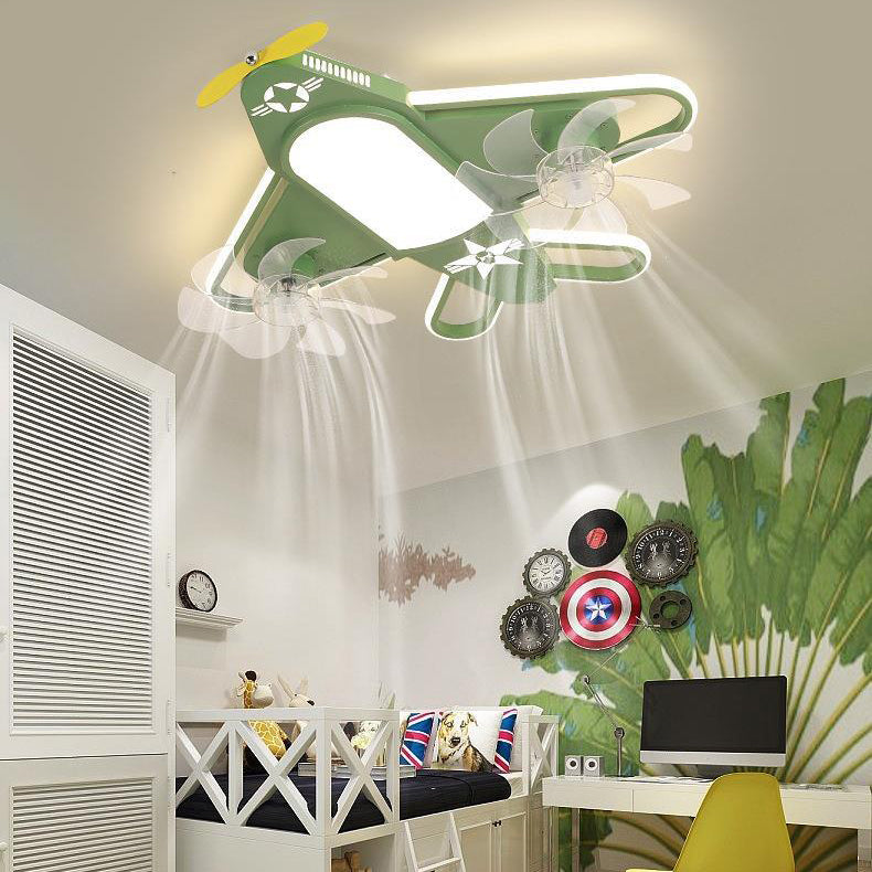 Contemporary Creative Airplane Iron Acrylic LED Flush Mount Ceiling Fan Light For Bedroom