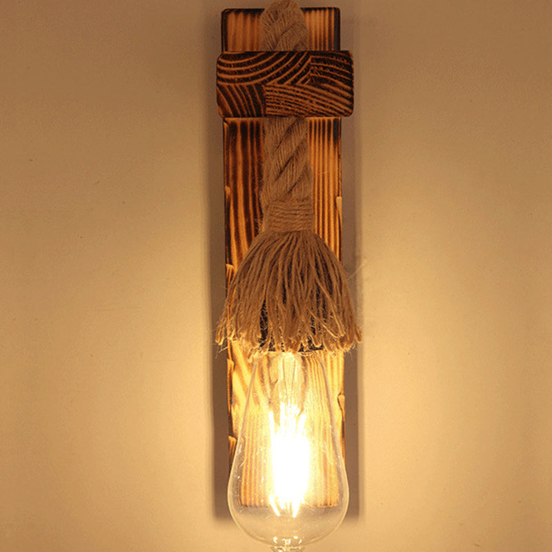 Traditional Rustic Rectangle Solid Wood Hemp Rope 1-Light Wall Sconce Lamp For Hallway