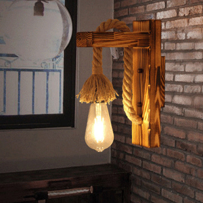 Traditional Rustic Rectangle Solid Wood Hemp Rope 1-Light Wall Sconce Lamp For Hallway