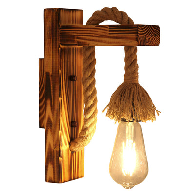 Traditional Rustic Rectangle Solid Wood Hemp Rope 1-Light Wall Sconce Lamp For Hallway