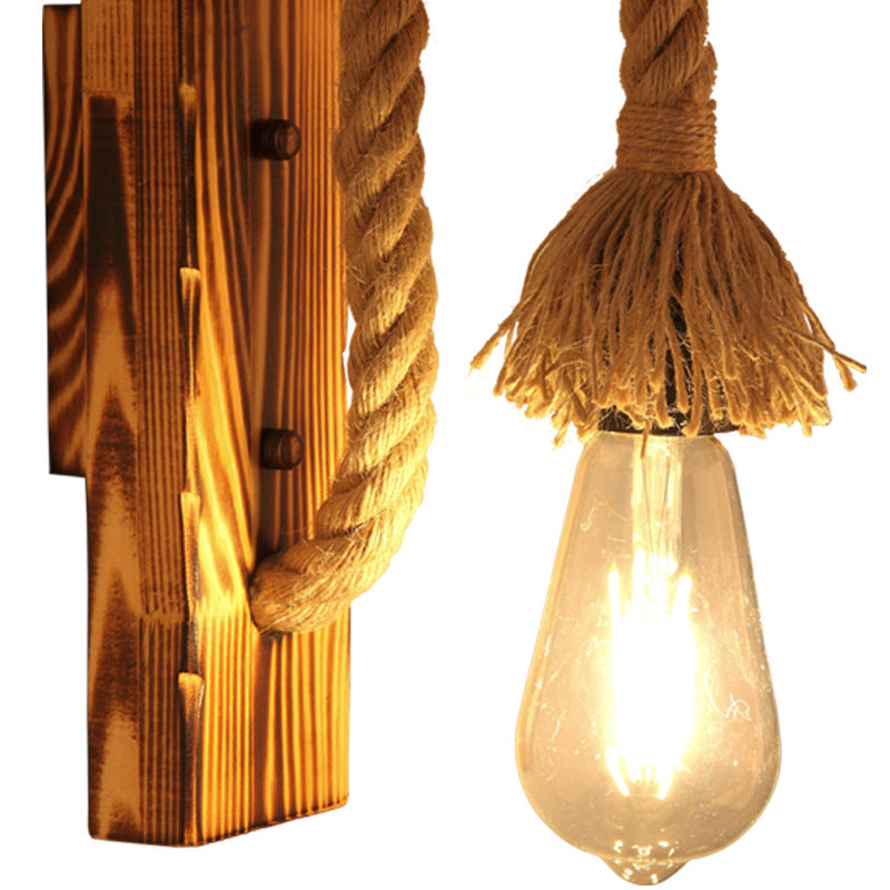 Traditional Rustic Rectangle Solid Wood Hemp Rope 1-Light Wall Sconce Lamp For Hallway